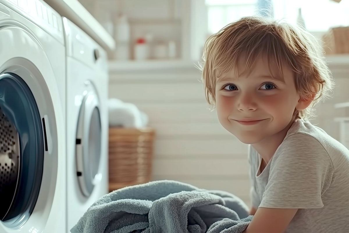 A smiling boy taking clothes out of a dryer